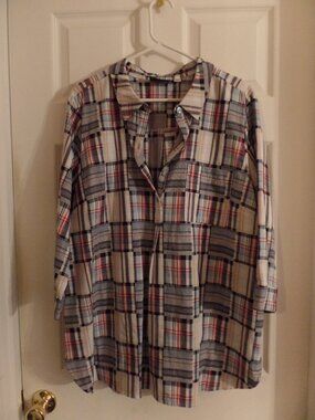 NWoT Joan Rivers XL 18 20 Patchwork Plaid Tunic Navy Americana Top Flag Madras